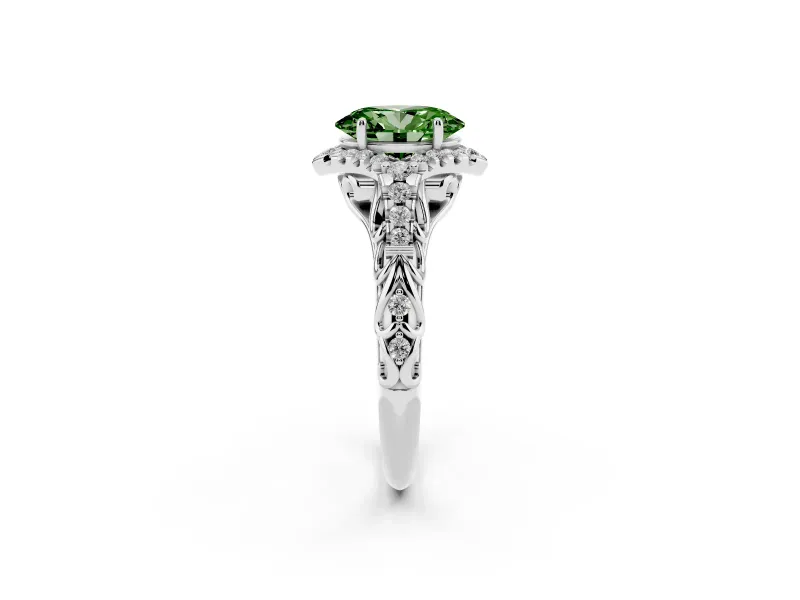 Oval Hidden Halo Filigree Engagement Ring Setting for a Fancy Green Lab-Grown Diamond | White Gold