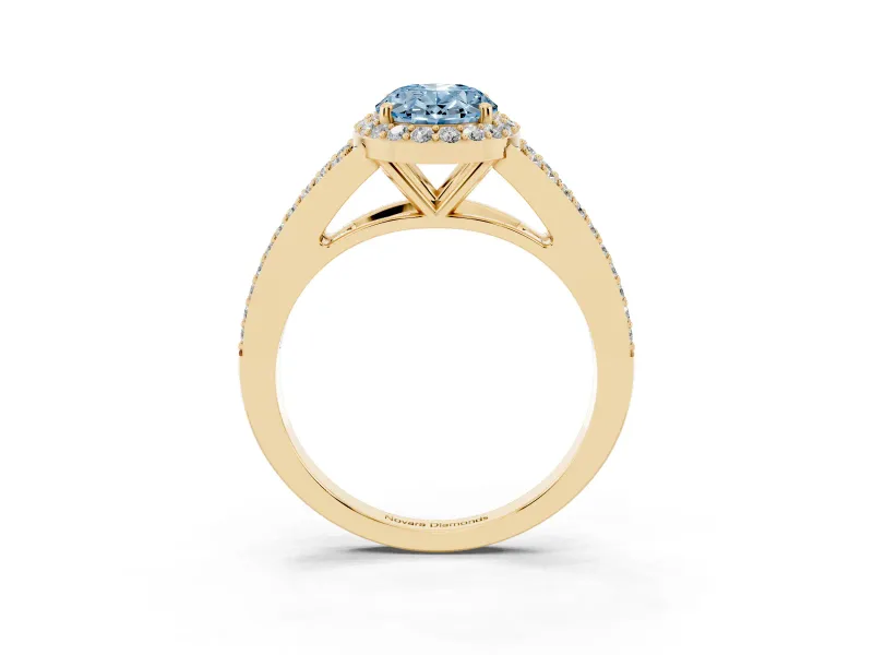 Fancy Blue Oval Cut Diamond Halo Split Shank Pavé Ring Set in Yellow gold with Prong Setting
