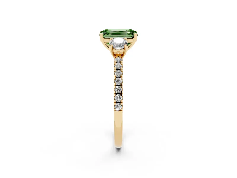 Emerald Cut Three Stone Engagement Ring Setting for a Fancy Green Lab-Grown Diamond | Pave Shoulders | Yellow Gold