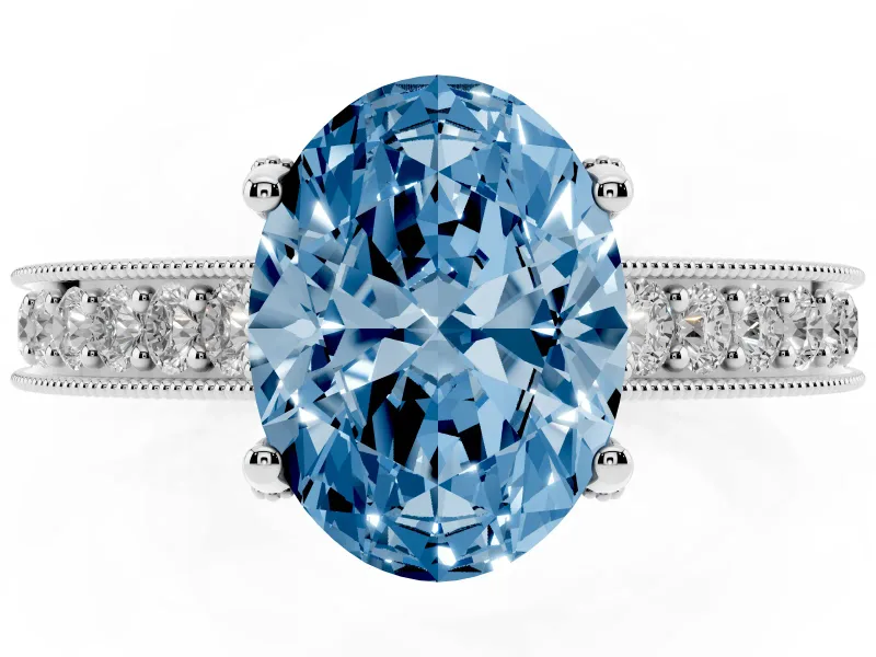 Oval Vintage Hidden Halo Engagement Ring Setting for a Fancy Blue Lab-Grown Diamond | Milgrain Pave Band | Platinum