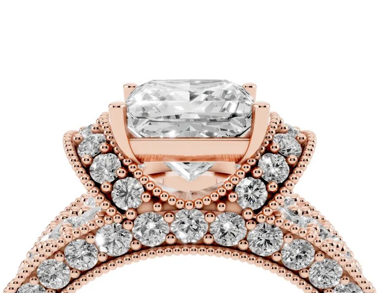 Princess Cut Vintage Milgrain Pave Engagement Ring Setting | Crescent Side Rows | Rose Gold