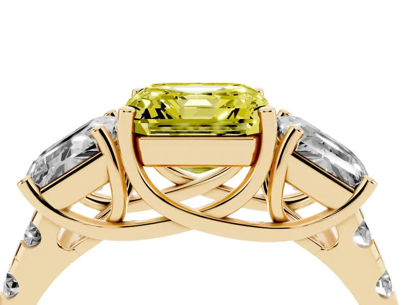 Asscher Cut Three Stone Engagement Ring Setting for a Fancy Yellow Lab-Grown Diamond | Accented Shoulders | Yellow Gold