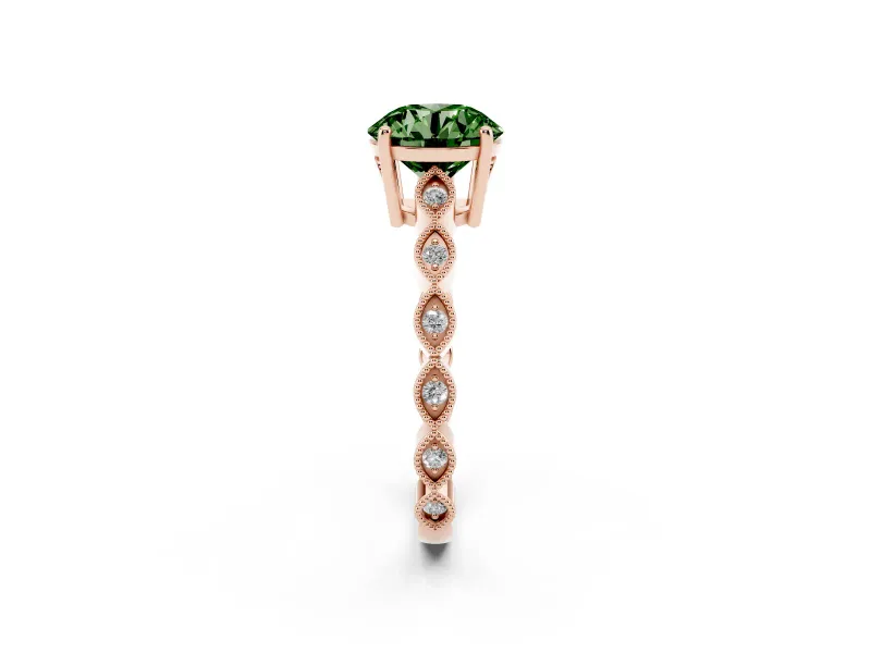 Fancy Green Round Cut Diamond Solitaire Ring Set in Rose gold with Infinity Twist Pavé Band
