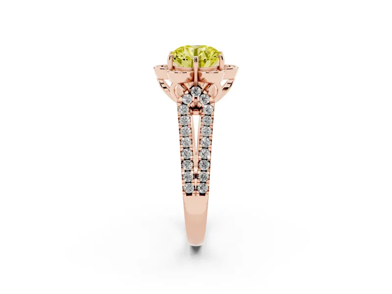 Round Floral Halo Engagement Ring Setting for a Fancy Yellow Lab-Grown Diamond | Pavé Split Shank | Rose Gold