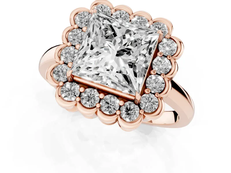 Princess Cut Scalloped Cluster Halo Engagement Ring Setting | Plain Band | Rose Gold