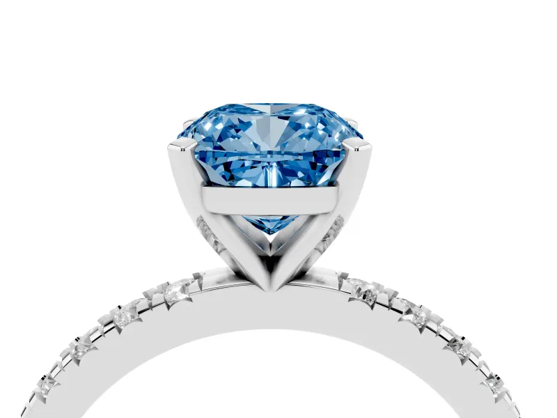 Fancy Blue Cushion Cut Diamond Pavé Band Solitaire Set in White gold with Prong Setting