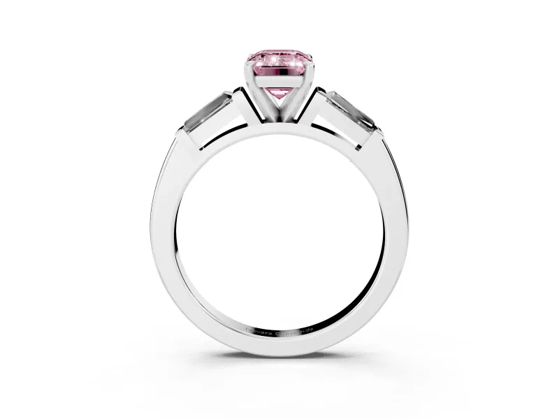 Fancy Pink Emerald Cut Diamond Solitaire Ring Set in White gold with Tapered Baguette Side Stones and Prong Setting