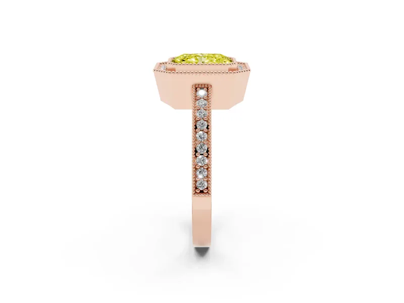 Fancy Yellow Radiant Cut Diamond Halo Engagement Ring Set in Rose gold with Pavé Band and Round Halo Stones