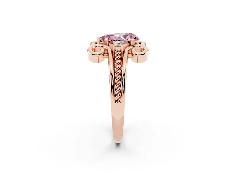Fancy Pink Pear Cut Diamond Twisted Band Solitaire Ring Set in Rose gold with Scroll Prongs