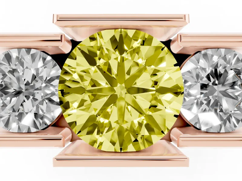 Fancy Yellow Round Cut Diamond Three-Stone Channel Set Ring Set in Rose gold with Smooth Polished Band