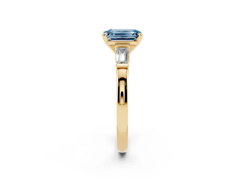 Emerald Cut Three-Stone Engagement Ring Setting for a Fancy Blue Lab-Grown Diamond | Tapered Baguettes | Yellow Gold