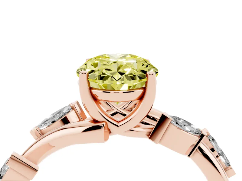 Fancy Yellow Oval Cut Diamond Solitaire Ring Set in Rose gold with Twisted Marquise Accent Band