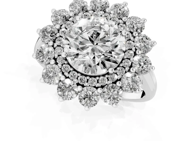 Round Floral Double Halo Engagement Ring Setting | Plain Band | Sterling Silver