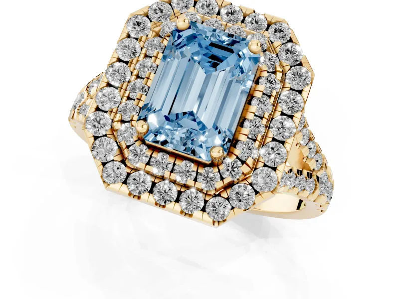 Emerald Cut Halo Split Shank Engagement Ring Setting for a Fancy Blue Lab-Grown Diamond | Pavé Strands | Yellow Gold