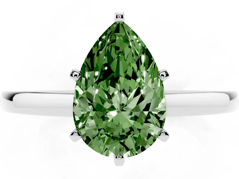 Fancy Green Pear Cut Diamond Solitaire Engagement Ring Set in White gold with Prong Setting on a Classic Band