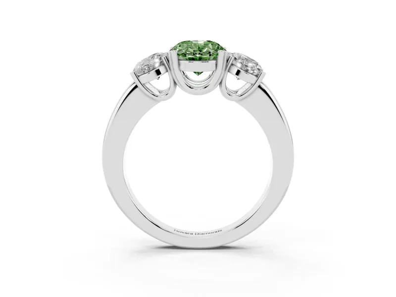 Fancy Green Oval Cut Diamond Three-Stone Ring Set in Platinum with Polished Band and Prong Setting