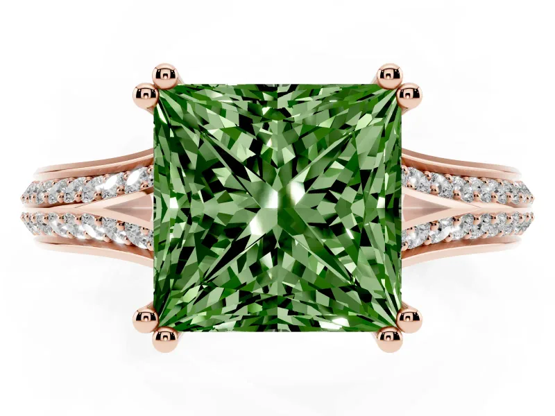 Princess Cut Split Shank Engagement Ring Setting for a Fancy Green Lab-Grown Diamond | Pave Band | Rose Gold