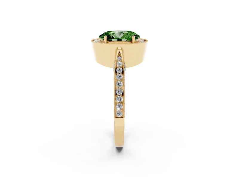 Oval Milgrain Halo Engagement Ring Setting for a Fancy Green Lab-Grown Diamond | Side Stones | Yellow Gold