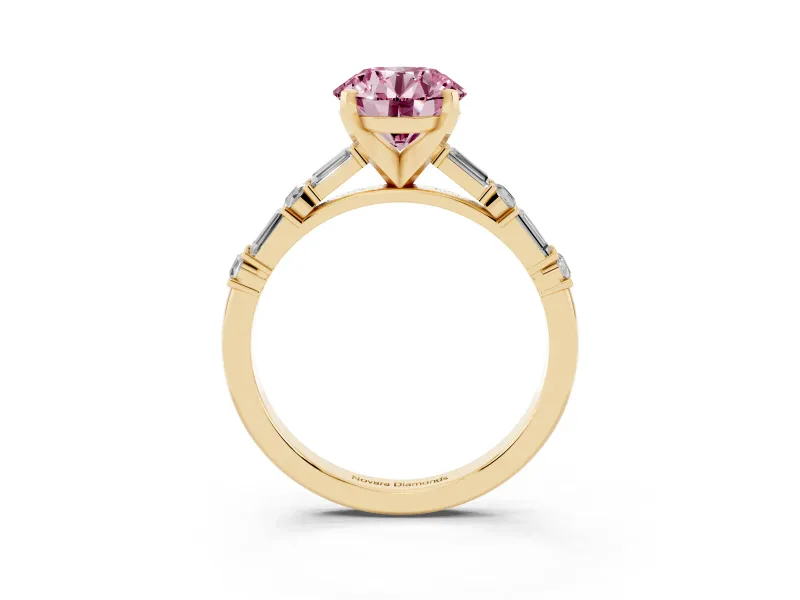 Fancy Pink Round Cut Diamond Solitaire Set in Yellow gold with Side Baguettes and Channel Set Band