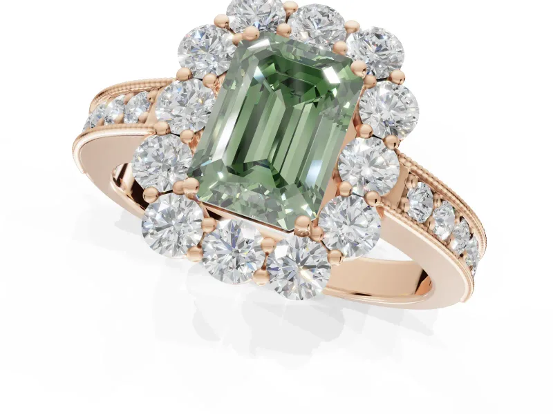Emerald Cut Vintage Halo Engagement Ring Setting for a Fancy Green Lab-Grown Diamond | Rose Gold