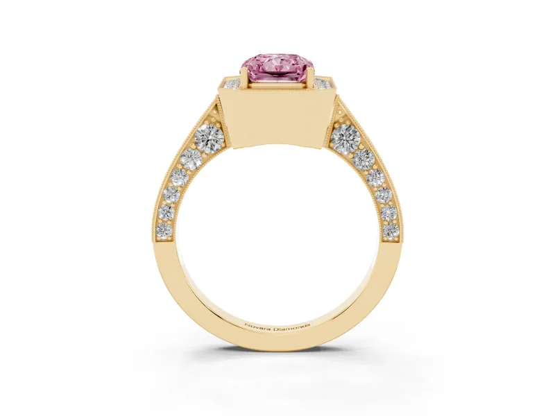 Radiant Cut Milgrain Halo Engagement Ring Setting for a Fancy Pink Lab-Grown Diamond | Side Stones | Yellow Gold