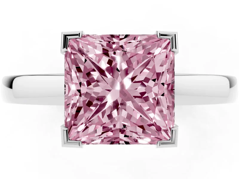 Fancy Pink Princess Cut Diamond Solitaire Ring Set in Platinum with Prong Head and Smooth Polished Band