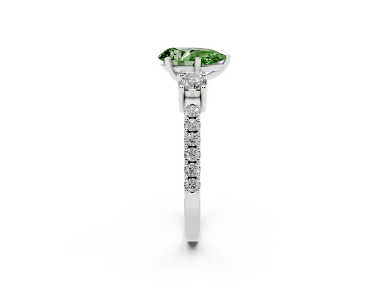 Fancy Green Three-Stone Pear Cut Diamond Pavé Band Ring Set in Platinum with Prong Setting