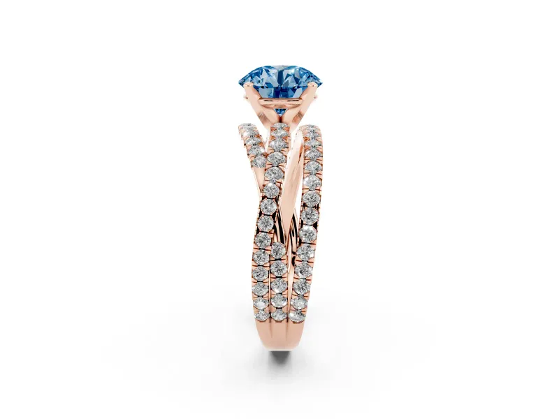 Fancy Blue Round Cut Diamond Solitaire Twist Band Ring Set in Rose gold with Pavé Setting and Prong Head