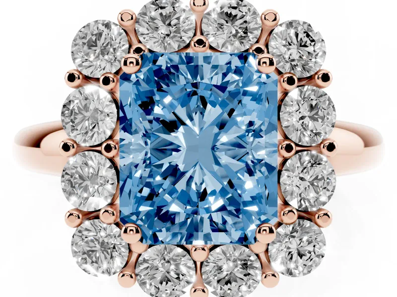 Radiant Cut Cluster Halo Engagement Ring Setting for a Fancy Blue Lab-Grown Diamond | Large Round Accents | Rose Gold