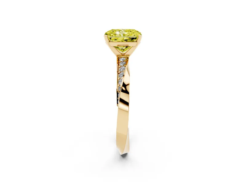 Fancy Yellow Radiant Cut Diamond Engagement Ring Set in Yellow gold with Side Stone Accents and Prong Setting