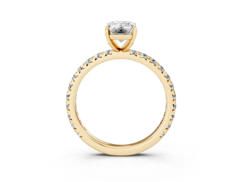 Emerald Cut Diamond Pavé Solitaire Ring Set in Yellow gold with Round Band and Prong Setting