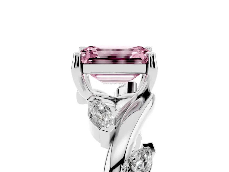 Fancy Pink Emerald Cut Diamond Solitaire Ring Set in Platinum with Twisted Marquise Accent Band
