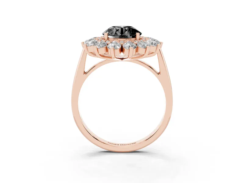 Round Floral Double Halo Engagement Ring Setting for a Black Center | Plain Band | Rose Gold