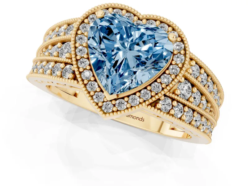 Fancy Blue Heart Cut Diamond Halo Ring Set in Yellow gold with Accent Split Shank and Prong Setting