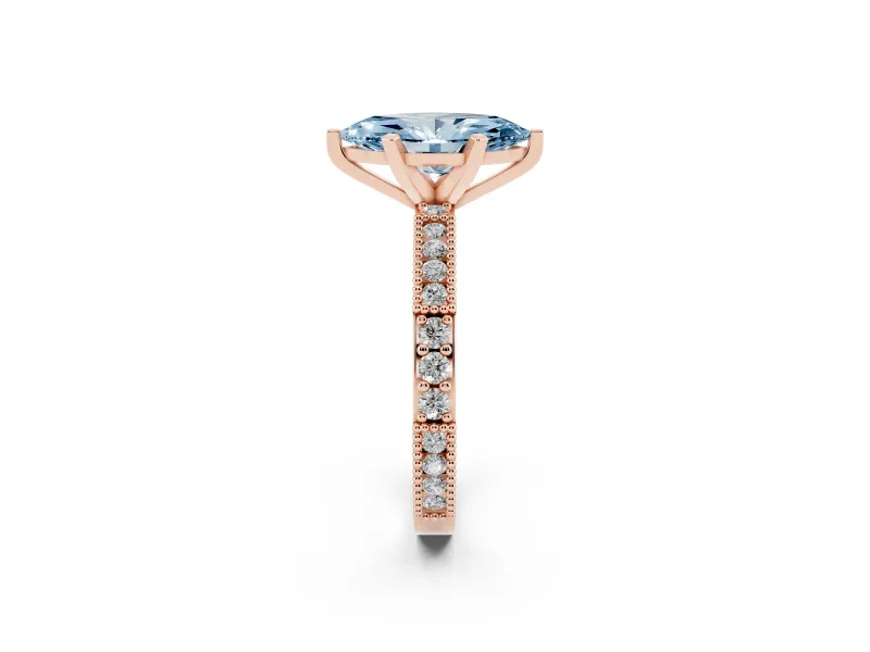 Fancy Blue Marquise Cut Diamond Solitaire Ring Set in Rose gold with Slim Pavé Band and Prong Setting