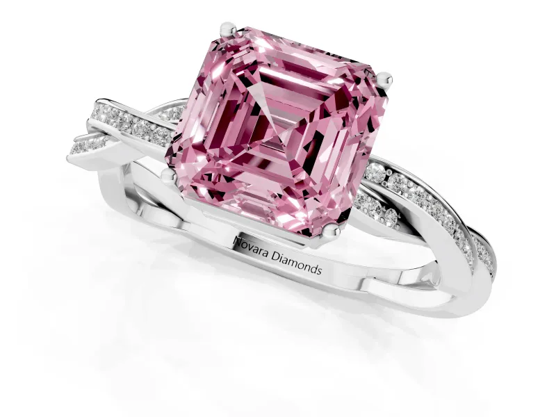Fancy Pink Asscher Cut Diamond Solitaire Twisted Pavé Ring Set in White gold with Prong Setting