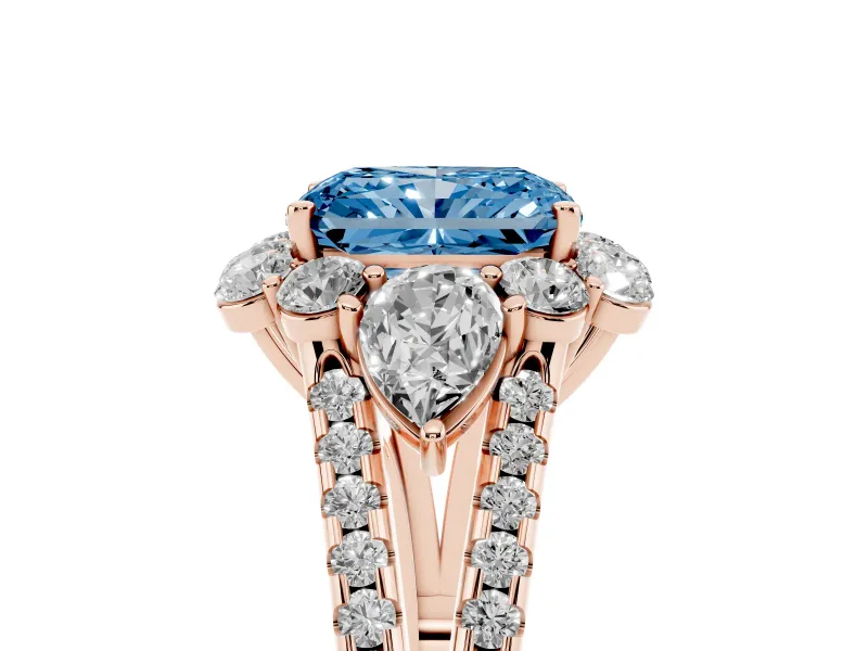 Radiant Cut Scalloped Halo Engagement Ring Setting for a Fancy Blue Lab-Grown Diamond | Pear Side Stones | Rose Gold