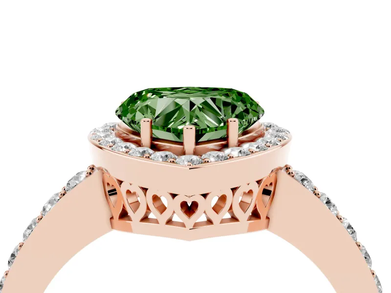 Fancy Green Heart Cut Diamond Halo Ring Set in Rose gold with Pavé-Setting Band and Open Prong Center