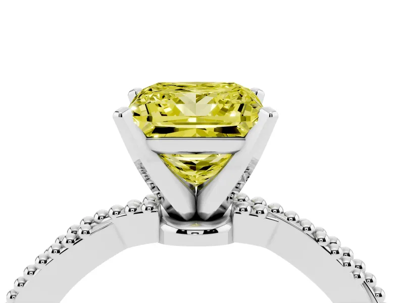 Fancy Yellow Princess Cut Diamond Solitaire Ring Set in White gold with Twisted Band and Bead Prong Setting