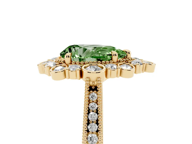 Pear-Shaped Scalloped Halo Engagement Ring Setting for a Fancy Green Lab-Grown Diamond | Milgrain Edges | Yellow Gold