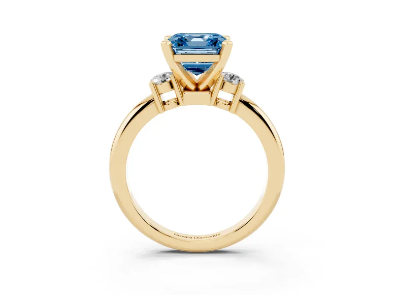 Asscher Cut Three Stone Engagement Ring Setting for a Fancy Blue Lab-Grown Diamond | Round Side Stones | Yellow Gold