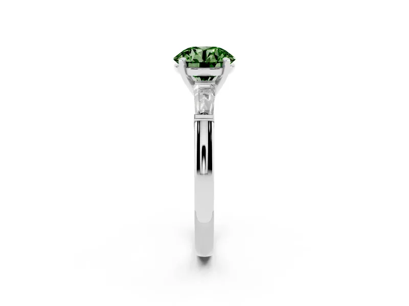 Fancy Green Round Cut Diamond Solitaire Ring Set in White gold with Tapered Baguette Side Stones and Prong Setting