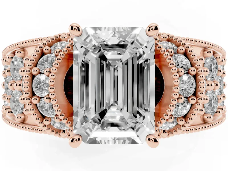 Emerald Cut Vintage Milgrain Pave Engagement Ring Setting | Crescent Side Rows | Rose Gold