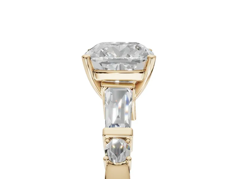 Cushion Cut Tapered Baguette Engagement Ring Setting | Bar Set Sides | Yellow Gold
