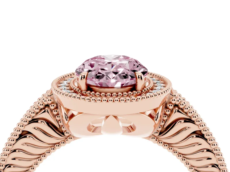 Fancy Pink Oval Cut Diamond Halo Ring Set in Rose gold with Round Accent Halo, Pavé Band and Prong Setting