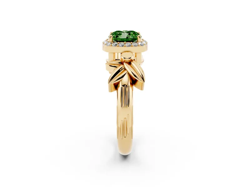 Cushion Cut Floral Halo Engagement Ring Setting for a Fancy Green Lab-Grown Diamond | Yellow Gold