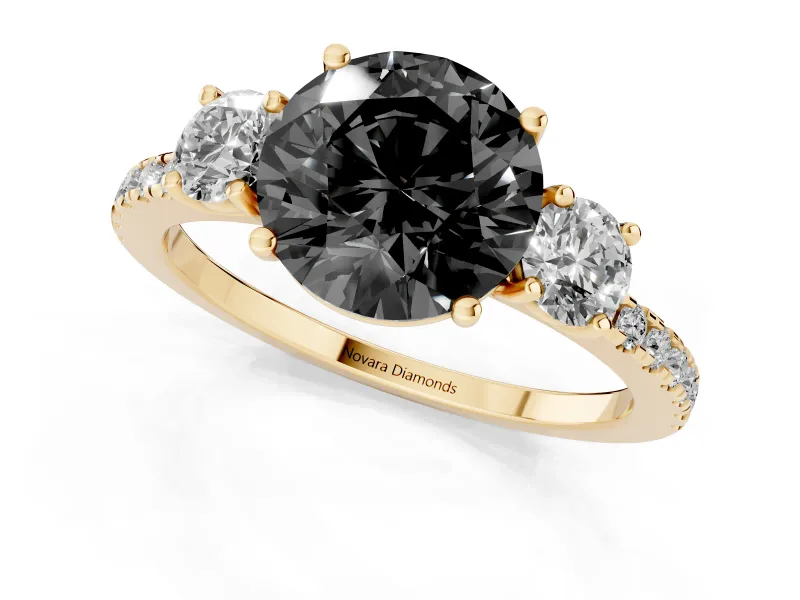 Fancy Black Round Cut Diamond Three-Stone Ring Set in Yellow gold with Pavé Band and Graduated Sides