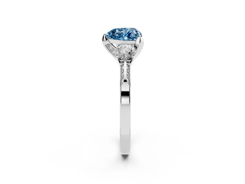 Heart-Shaped Hidden Halo Three Stone Engagement Ring Setting for a Fancy Blue Lab-Grown Diamond | Sterling Silver