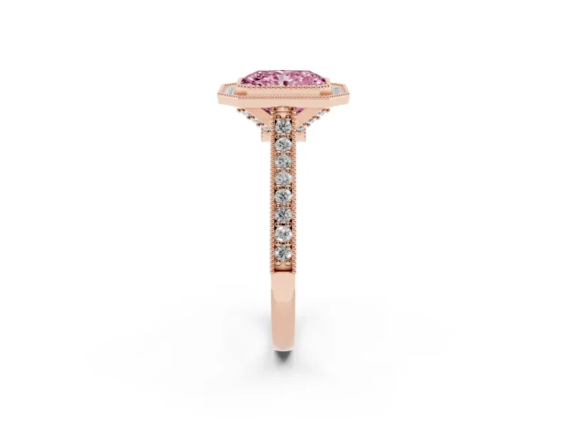 Radiant Cut Vintage Milgrain Halo Engagement Ring Setting for a Fancy Pink Lab-Grown Diamond | Bezel Head | Rose Gold