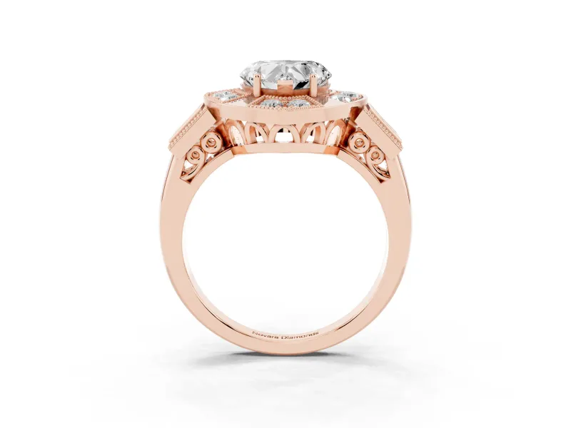 Heart-Shaped Milgrain Sectioned Halo Engagement Ring Setting | Square-Framed Sides | Rose Gold